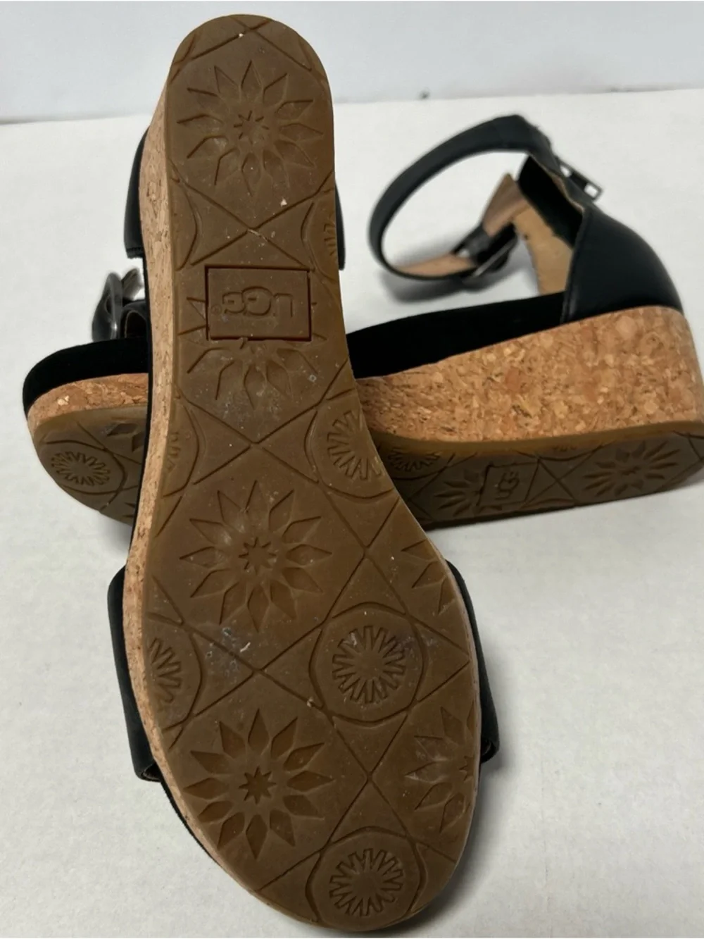 UGG Zoe II Leather Open Wedge Cork Sandal Ankle Strap‎ 1102674 Black Size 6.5